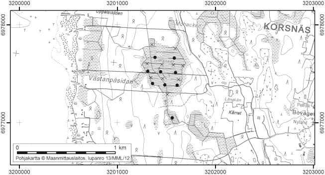 Korsnäsissä tutkitut suot ja niiden turvevarat 19. Tilträsket Tilträsket (kl. 1242 02, x=6977,5, y=3201,5) sijaitsee noin 3 km Korsnäsin keskustasta länteen.