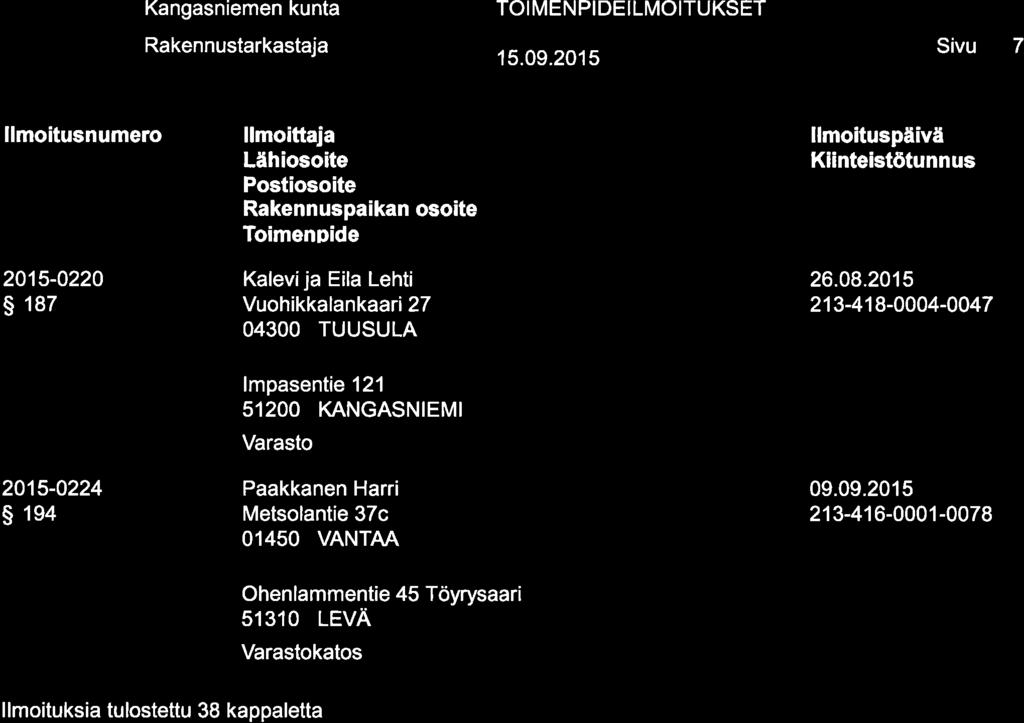 @ Kangasniemen llmoitusnumero kunta llmoittaia Lähiosoite Postiosoite TOI MENPIDEILMOITUKSET Sivu 7 llmoituspäivä 2015-0220 s 187 Kalevíja Eila Lehti Vuohikkalankaari 27 O43OO TUUSULA 26.08.