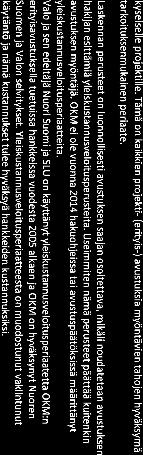 Useimmiten nämä perusteet päättää kuitenkin avustuksen myöntäjä. 0KM ei ole vuonna 2014 hakuohjeissa tai avustuspäätöksissä määrittänyt yleiskustannusveloitusperiaatteita.