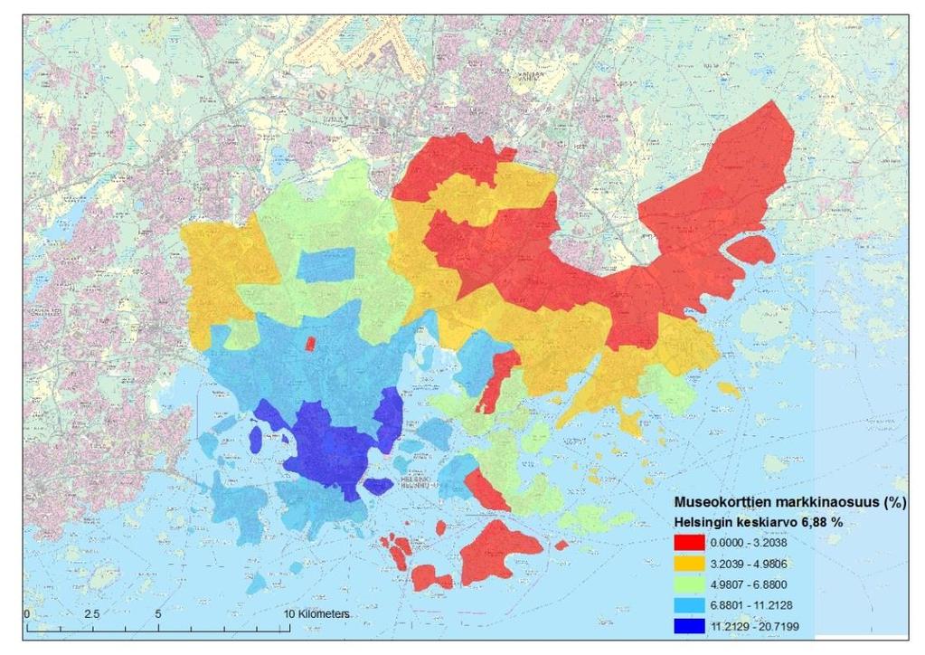 Paikallisten markkinoiden hahmottaminen posti_alue nimi kunta Asukkaita Vierailuja Museokortteja Markkinaosuus Vierailuja per asukas 00540 Kalasatama 091 1139 1976 236 20.72 1.