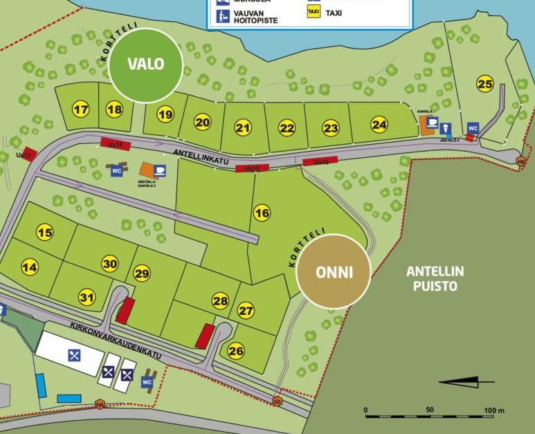 KORTTELIT ONNI JA VALO (KOHTEET 14 31) 14 Älvsbytalo Uusi Aamu Kulkureitti kadulta on asfaltoitu ja kivetty ja sillä on pituuskaltevuutta 11 %. Sisäänkäynnin yhteydessä on portaat.