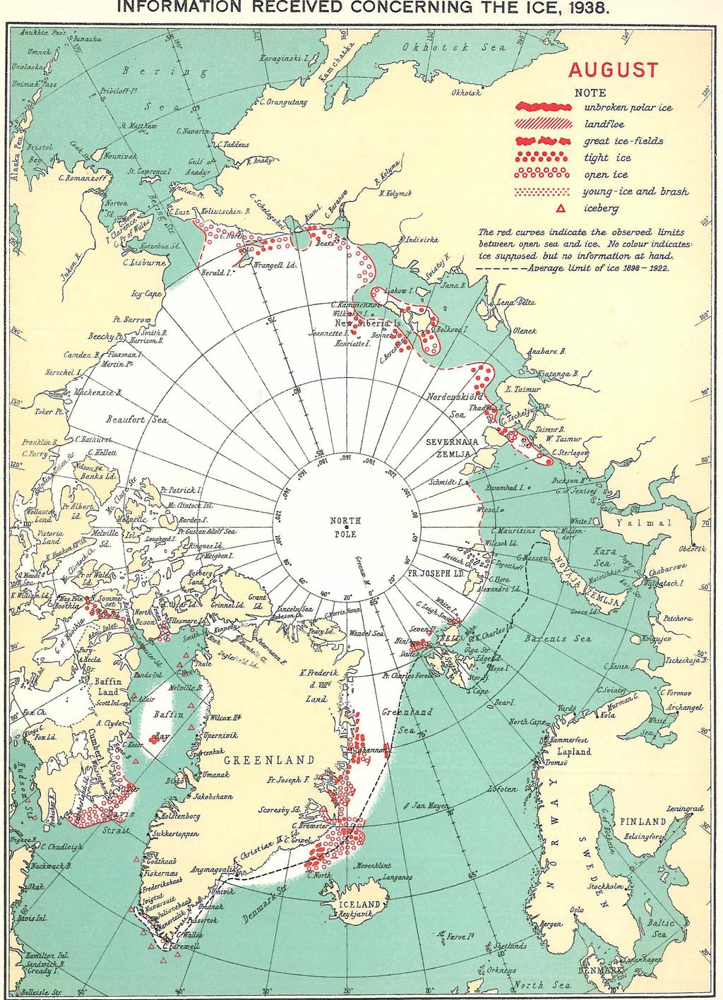 Kuva 5. Arktisen jään laajuus elokuussa 1938 Tanskan ilmatieteenlaitoksen mukaan. 1930-luvun lopulla merijäätä oli yhtä vähän kuin nykyisin. Lähde: http://www.pmel.noaa.