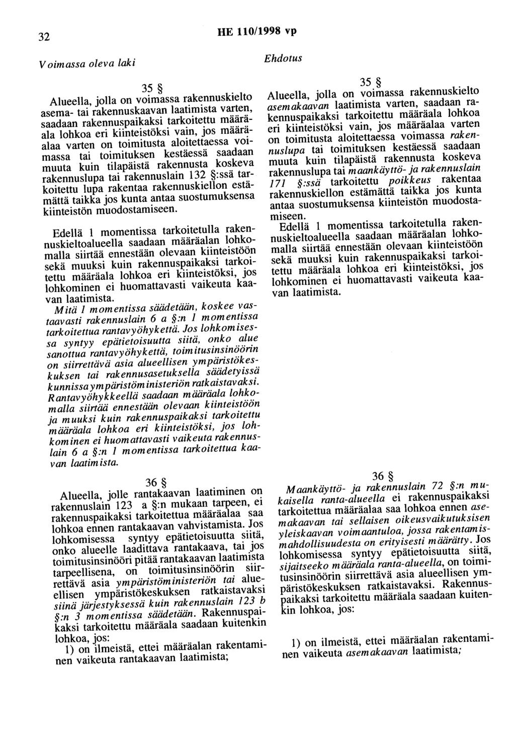 32 HE 110/1998 vp Voimassa oleva laki 35 Alueella, jolla on voimassa rakennuskielto asema- tai rakennuskaavan laatimista varten, saadaan rakennuspaikaksi tarkoitettu määräala lohkoa eri kiinteistöksi