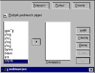 Kun ohjelmalle annetaan komento esimerkiksi muuttujan lukumäärien jakaumien (frekvenssien) laskemiseksi, saadaan ensin Windows-ohjelmille tyypillinen lomake: Muuttujaluettelo näkyy vasemmalla