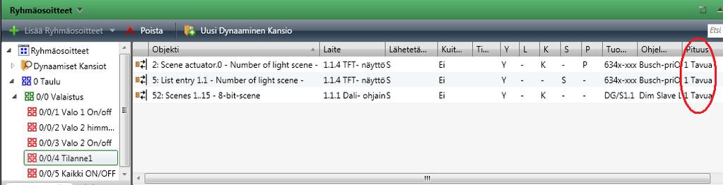 48 Kuva 9. Valaistustilanteen ryhmäobjektien linkitys. Kun linkitys on suoritettu, ladataan tehty ohjelma KNX- väylään.
