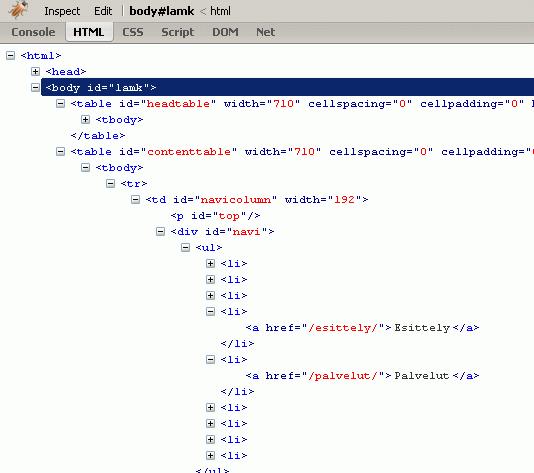 13 KUVIO 5: FireBug-ohjelmalla voi tutkia web-sivun dokumenttipuun rakennetta. 2.1.7 XMLHttpRequest -objekti XMLHttpRequest -objekti on oikeastaan vain JavaScript-funktio.