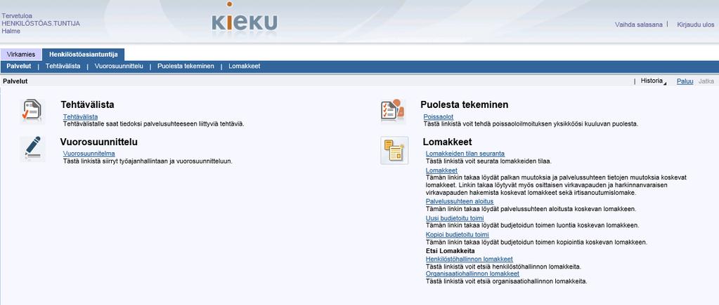 Henkilöstöasiantuntijan välilehti, portaalin aloitussivu