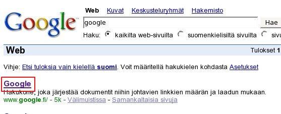 21 KUVIO 3. Title-elementti hakukoneen hakutuloksissa KUVIO 4.