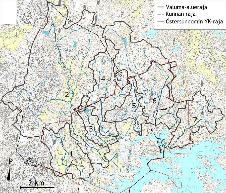 # Valuma-alue Pinta-ala Vesilain mukainen määritelmä YK-alueen yläpuolinen osuus Case Östersundom - valuma-alueet 1 Västerkullanpuro 5,9 km² Noro < 1 % 2 Krapuoja 30,4 km² Puro 26,7 km², (88 %) 3
