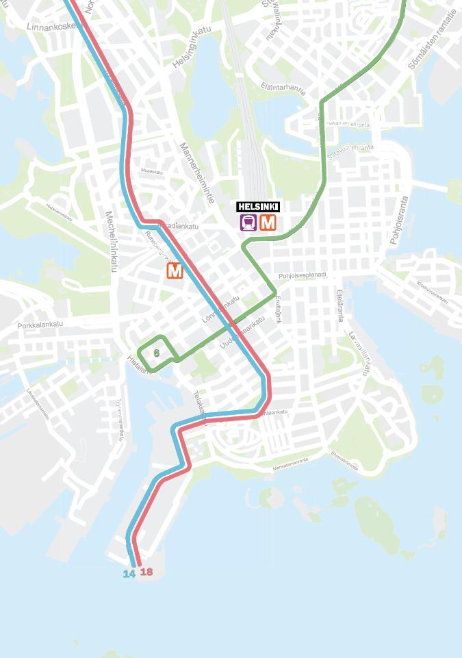 17 2. vaiheessa bussilinjan 18 reitti pidennetään Hernesaareen. Vuoroväleihin ei tehdä muutoksia. 2. vaiheen linjasto on esitetty kuvassa 8. 3. vaiheessa, Hernesaaren asukasmäärän kasvaessa 2.