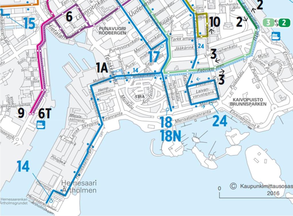 Hernesaaren aluetta lähin raitiotie kulkee Tehtaankatua pitkin Telakkakadulta itään Laivasillankadulle. Tätä väliä ajaa raitiolinja 1A reitillä Eira - Kauppatori - Käpylä.