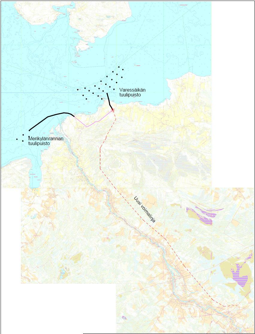 Kuva 10. Siikajoen tuulipuiston alustava sähkönsiirtolinja Varessäikästä valtakunnan verkkoon (hennon punainen ympyrä = sähköasema).
