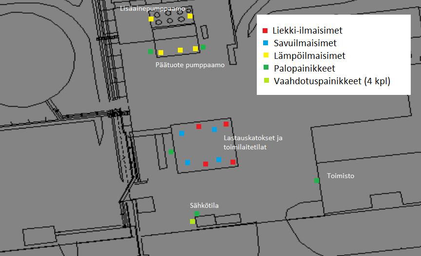 KUVA 1. Ilmaisimien sijainnit terminaalin alueella Palohälytyksen sattuessa käynnistyy Oulun kaupungin sataman palovesipumput.
