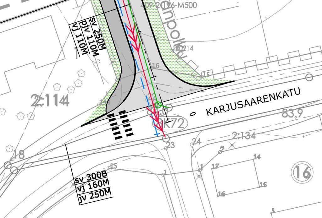 Karjusaarenkadulla on korotettu kevyen liikenteen väylä ja Kukkilan suuntaan johtavalla Toisenmäentiellä välikaistalla erotettu kevyen liikenteen väylä Kukkilaan asti. Kuva 4.