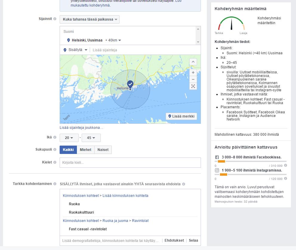 Kuva 6. Facebook-kampanjan luonti 2. Sivun oikeassa laidassa näemme yhteenvedon ja arvioidun päivittäisen kattavuuden mainoksemme kohderyhmästä.