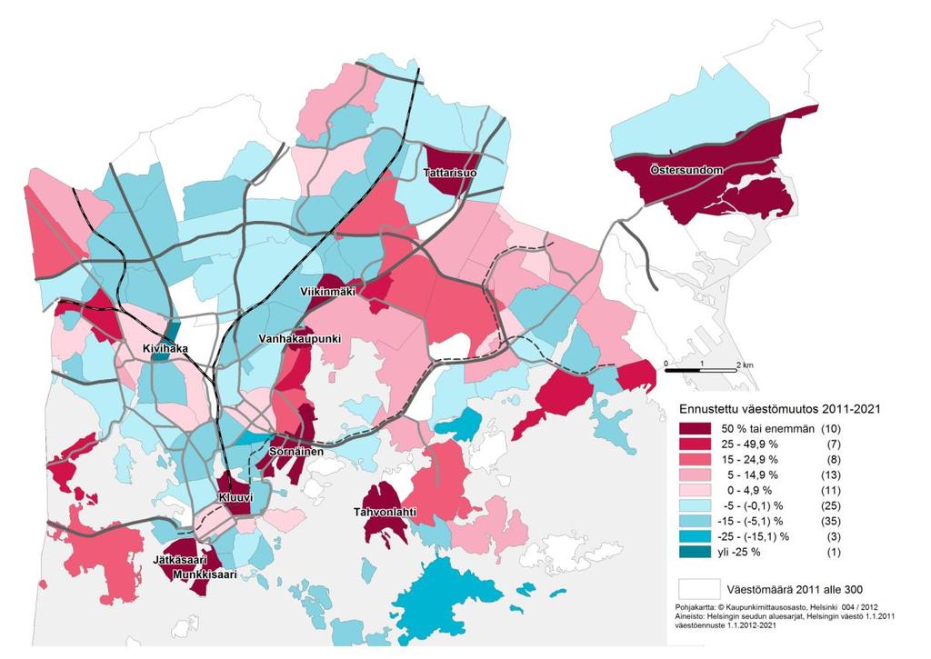 Kartta 1. Ennustettu väestönmuutos osa-alueittain vuosina 2011 2020 (%). Kartta: talous- ja suunnittelukeskus. Lähde: Helsingin kaupungin tietokeskus.