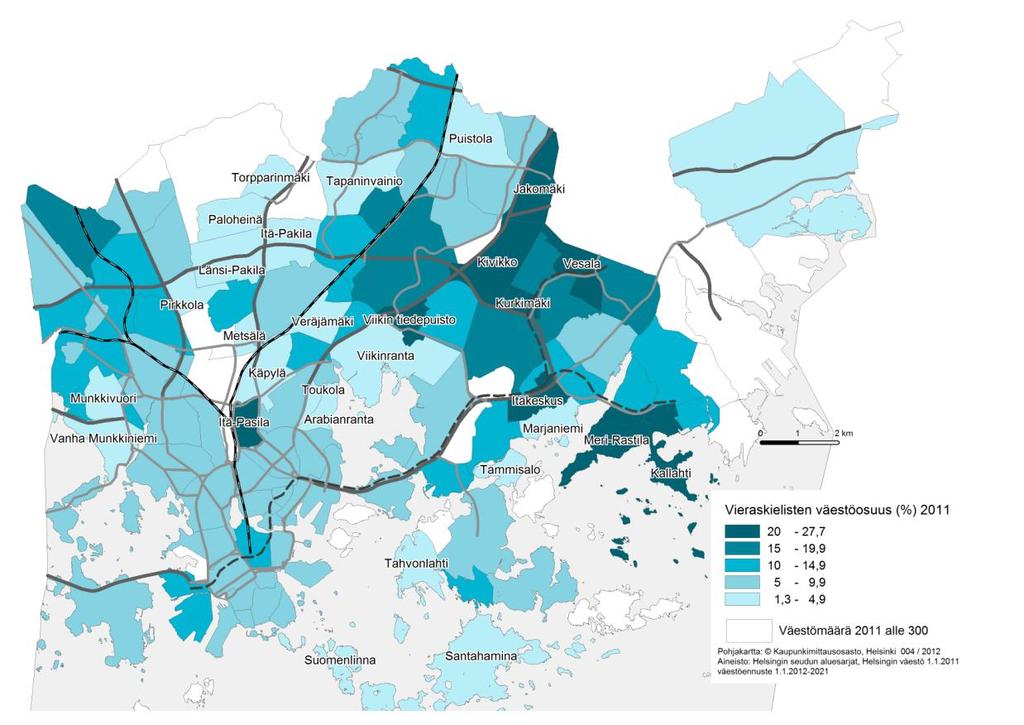 Kartta 7. Vieraskielisten väestöosuus vuonna 2011 osa-alueittain. Tilastolähde: Tilastokeskus. Kartta: talous- ja suunnittelukeskus.