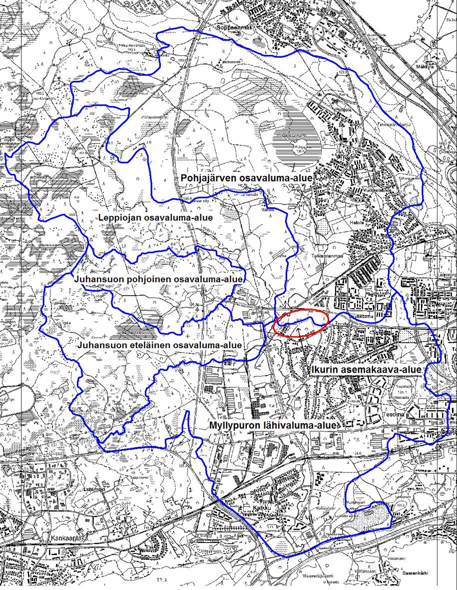 3 2 TARVEKARTOITUS 2.1 Nykytilaselvitys 2.1.1 Valuma-alueet ja reitit Selvitysalue sijaitsee Ikurin asutusalueen pohjoisosassa.