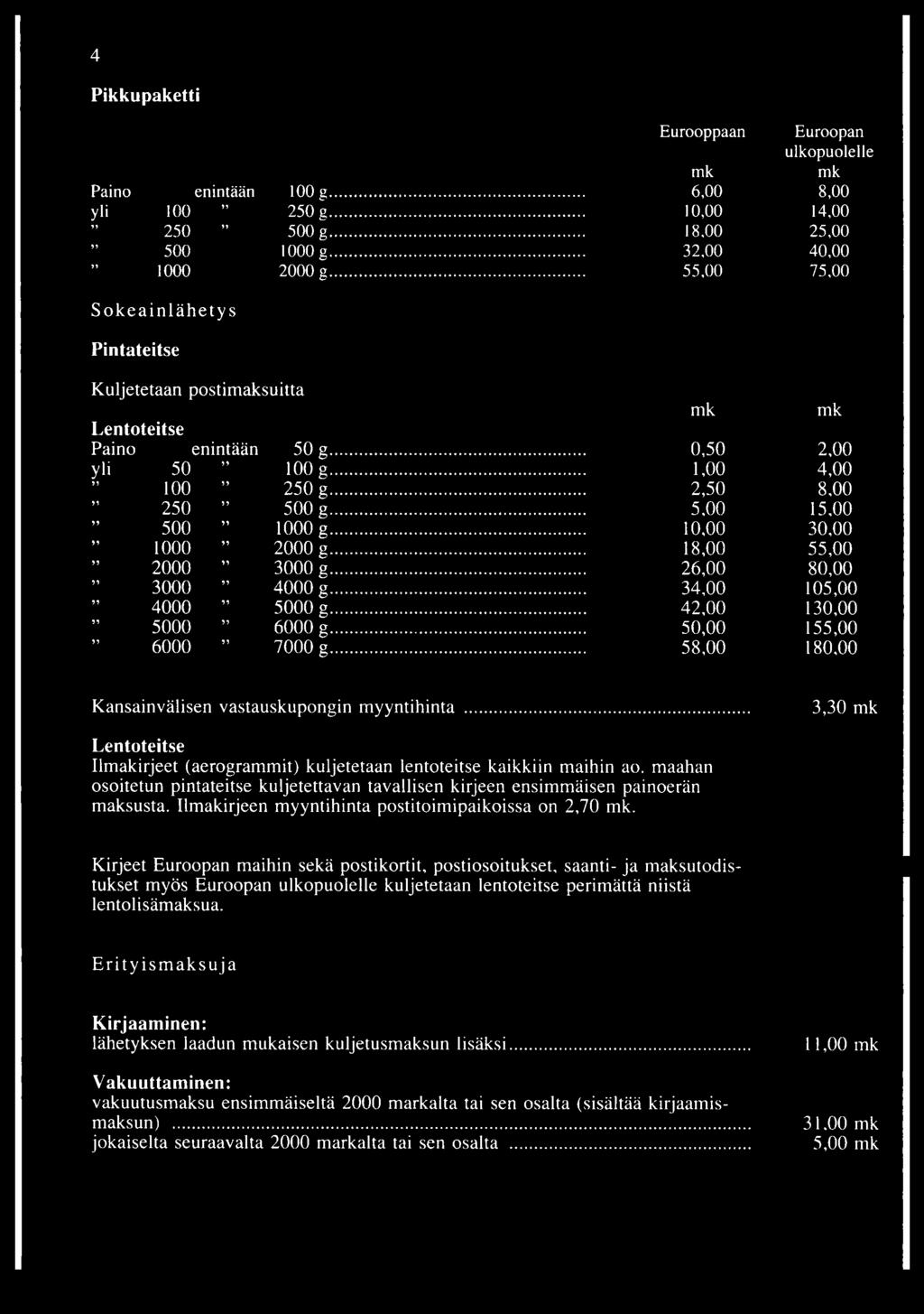 ..... 5,00 15,00 500 1000 g...... 10,00 30,00 1000 2000 g...... 18,00 55,00 2000 3000 g...... 26,00 80,00 3000 4000 g...... 34,00 105,00 4000 5000 g...... 42,00 130,00 5000 6000 g.