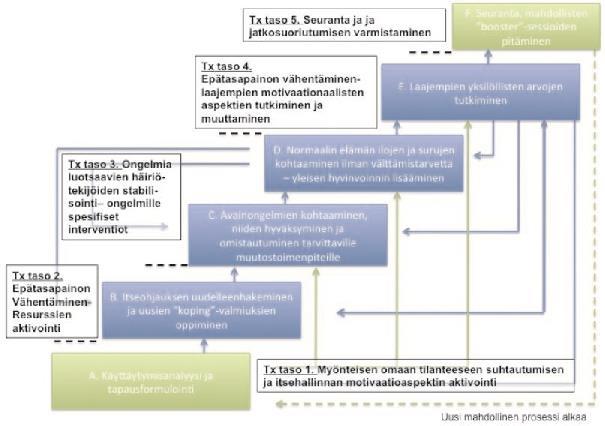 11 Kuva 1: Timosen sovellus terapian kokonaismallin etenemisestä hahmotella vaihetta 4, mutta etenkin normaaliin elämään kuuluvien ilojen ja surujen kohtaamisessa fokus on jo avopalveluissa.
