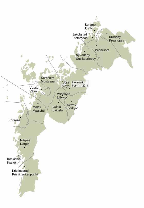 Seutukunnista Kyrönmaa on vahvasti suomenkielistä aluetta (suomenkielisiä 98,1 %), kun taas K5-alueella (70,2 %) ja Pietarsaaren seudulla (75,6 %) valtaosa puhuu äidinkielenään ruotsia.