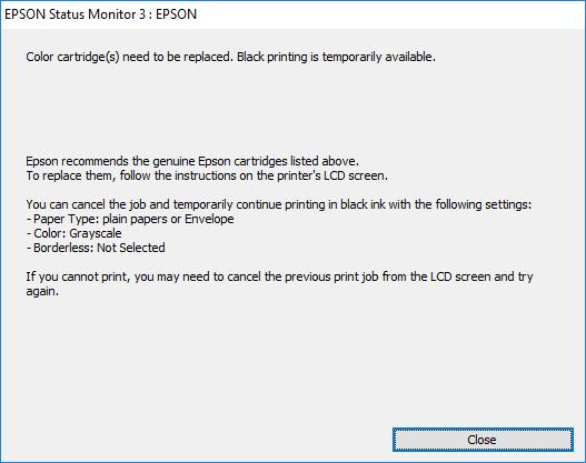 Mustekasettien vaihtaminen Väliaikainen tulostaminen mustalla musteella: Windows 1. Jos seuraava ikkuna tulee näytölle, peruuta tulostaminen.
