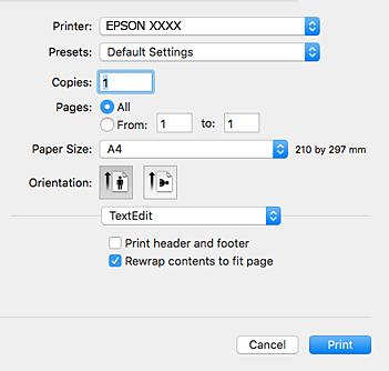 Tulostaminen & Paperityyppiluettelo sivulla 44 Tulostuksen perustiedot Mac OS X Osion selityksissä käytetään esimerkkinä TextEdit-ohjelmistoa. Toiminnot ja näytöt vaihtelevat sovelluksen mukaan.