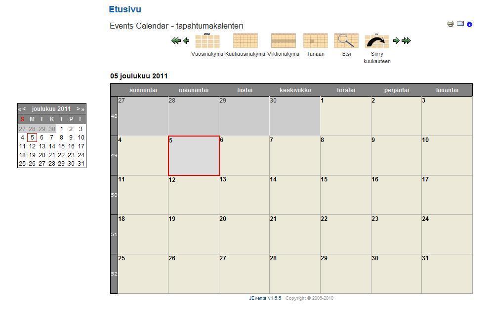Kuva 6.3 JEvents-kuukausinäkymä ja Calendar module. Kuvassa on kalenterin joulukuun näkymä. Vasemmalla näkyy pienoiskalenteri, joka näkyy sivuilla, vaikka kalenteri sivu ei olisi auki. 6.5 Ylläpito ja tietoturva Joomla!