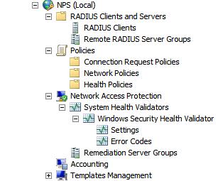 51 NPS on käytännössä RADIUS-palvelin Windows 2008 R2:ssa, kuten kuvio 39 osoittaa. NPS mahdollistaa mm. työasemien ja käyttäjien tunnistamisen sekä käyttöoikeuksien määrittämisen niitä pyydettäessä.