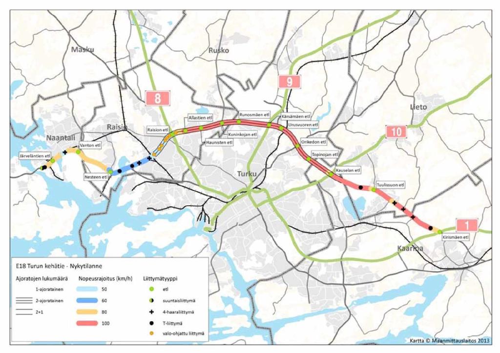 12 Kuva 3 Turun kehätien (E18) kehittämisselvityksen suunnittelualue. (Turun kehätien kehittämisselvitys) 2.