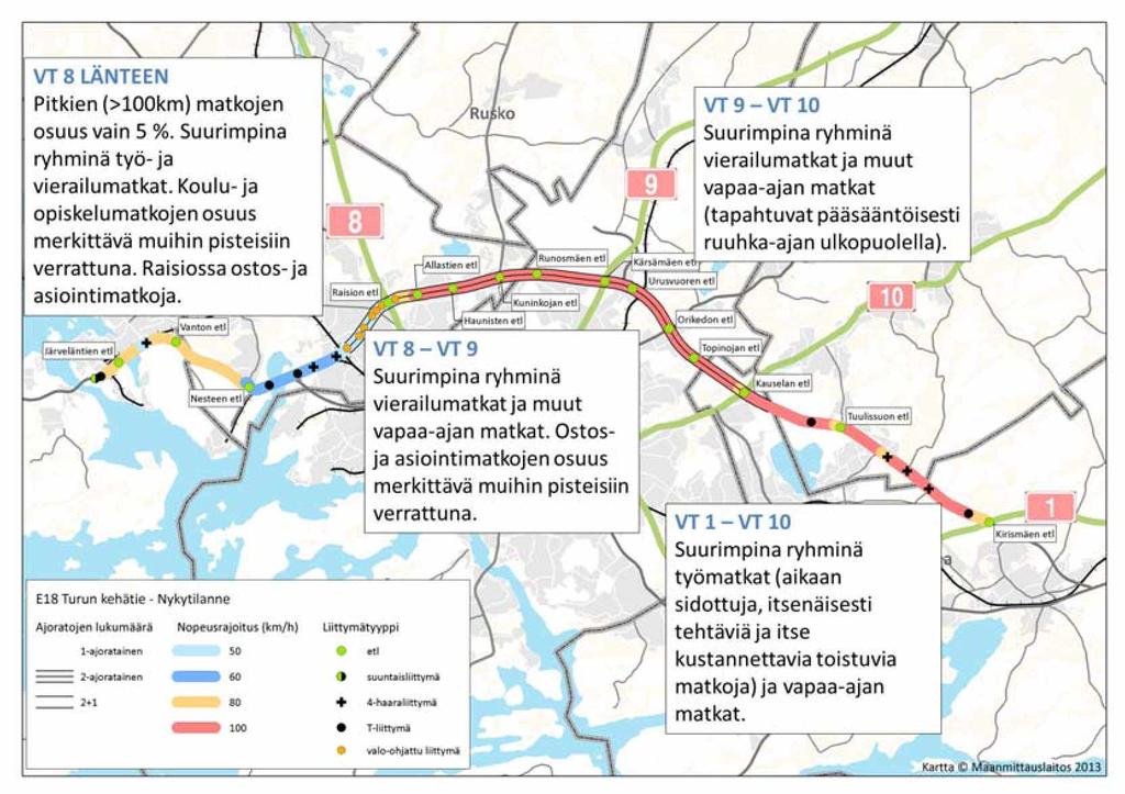 16 VT 8 LANTEEN Pitkien (>100km) matkojen VT 9 -V T 10 osuus vain 5 %. Suurimpina ryhminä työ-ja vierailumatkat. Koulu- ja opiskelumatkojen osuus merkittävä muihin pisteisiin verrattuna.