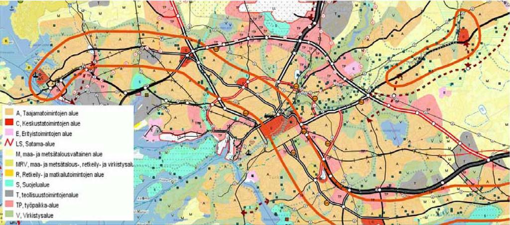 Liikenneyhteyksien kehittämisen kannalta tärkeimpiä ovat työpaikkaja teollisuusaluevaraukset (TP, T), Naantalin Luolalassa ja satamassa, Raision Haunisissa,