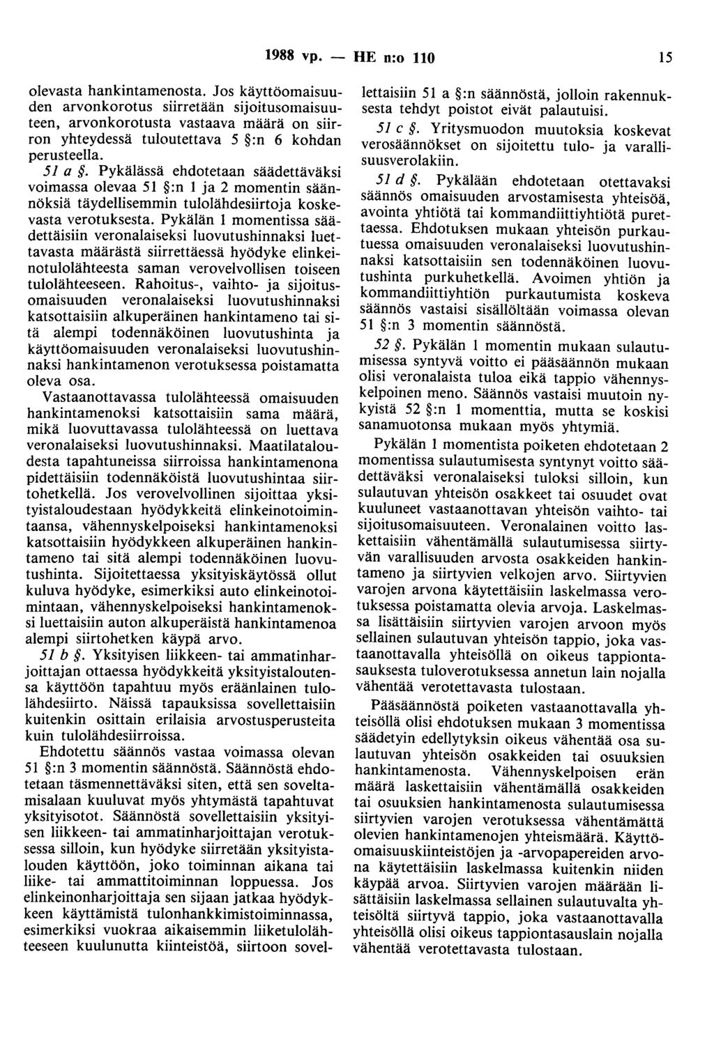 1988 vp. - HE n:o 110 15 olevasta hankintamenosta.