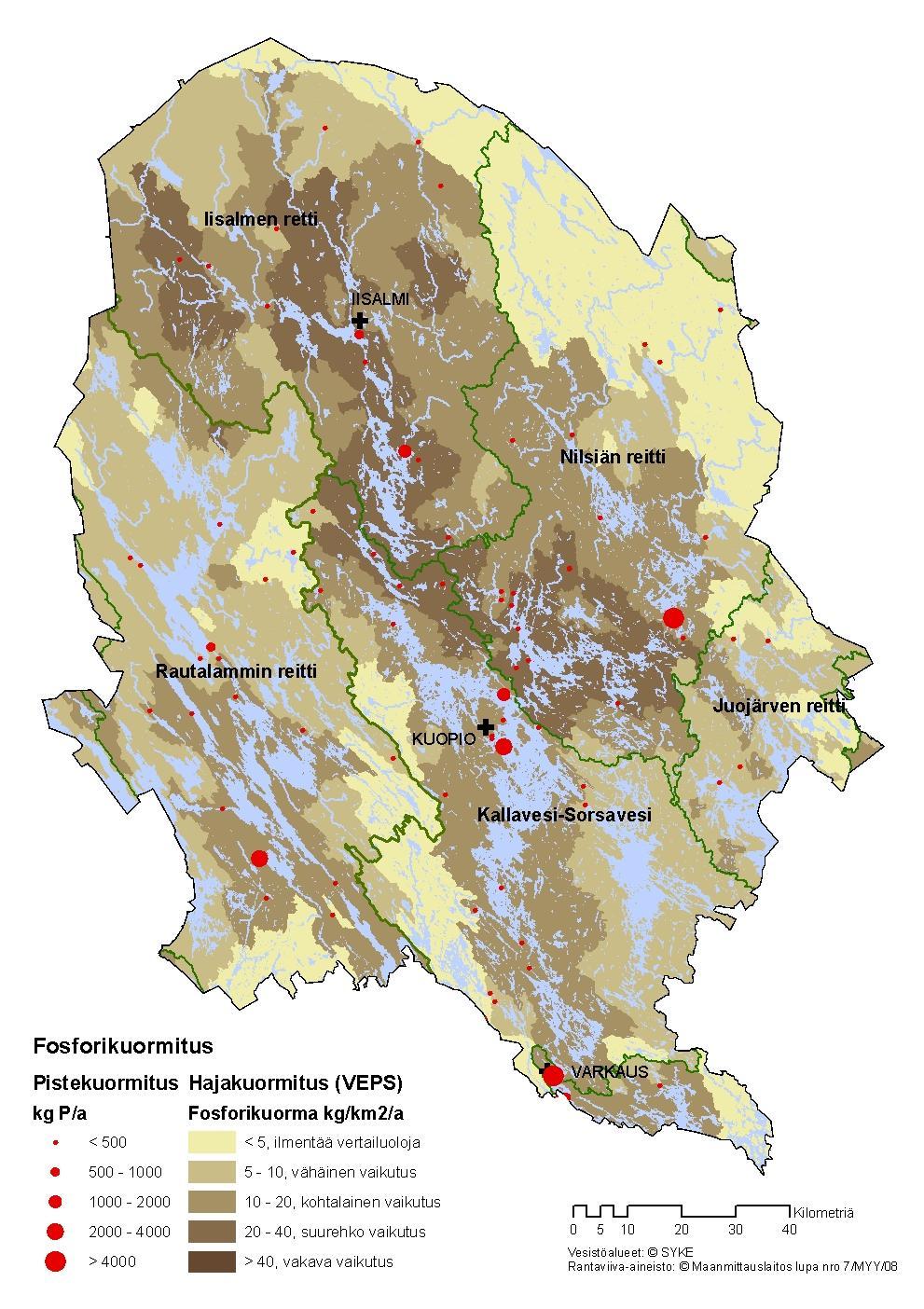 Ulkoinen fosforikuormitus Pohjois-Savon vesistöreiteillä Fosforikuormitus Pohjois-Savon vesistöreiteillä/-alueilla Iisalmen reitti Nilsiän reitti Juojärven reitti Pohjois-Kallaveden alue Kallaveden