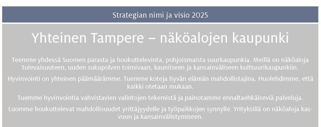 Asunto- ja kiinteistölautakunnan palvelu- ja vuosisuunnitelma 4 KAUPUNKISTRATEGIA Yhteinen Tampere näköalojen kaupunki -kaupunkistrategia on kaupungin ylin toimintaa