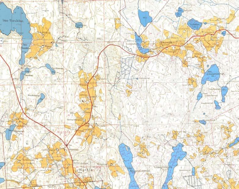 8 Nyrölän ja Sikomäen keskeistä kyläaluetta 1963-1972. Pelkkään asumiskäyttöön rakennettuja taloja ei vielä ollut.