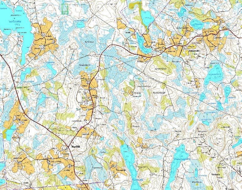 Nyrölän ja Sikomäen kyläaluetta v.2015. Nyrölän keskeisellä kyläalueella ja Sikomäessä peltoalueet ovat supistuneet.