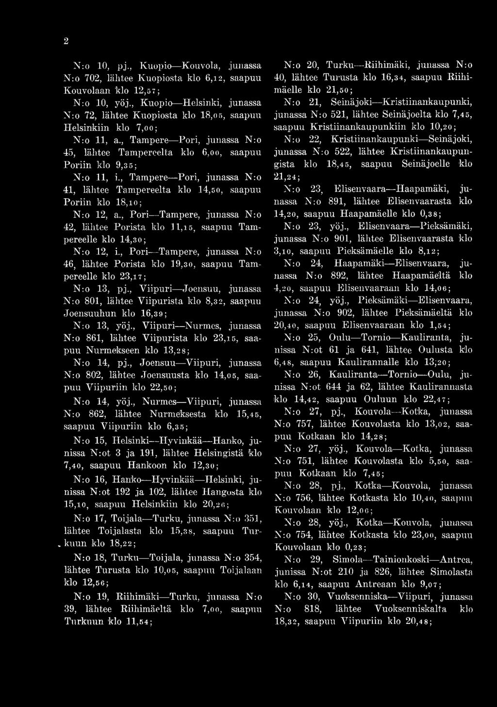 , Viipuri Joensuu, junassa Nro 801, lähtee Viipurista klo 8,32, saapuu Joensuuhun klo 16,39 Nro 13, yöj.