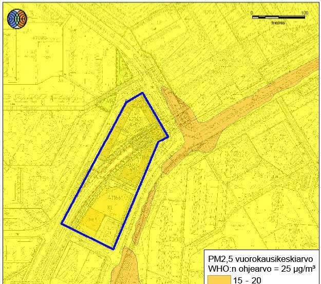 19. Kuva 11. Pienhiukkasten (PM 2,5 ) WHO:n vuorokausiohjearvoon verrannolliset pitoisuudet Keinulaudankujan suurkorttelin lähiympäristössä hengityskorkeudella.