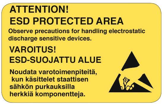 13 5 ESD-SUOJAUS Elektroniikkateollisuuden ESD suojausmenetelmiä ja toimenpideohjeita on esitetty kansainvälisissä julkaisuissa sekä standardeissa ja suosituksissa. 5.1 Staattisilta sähköpurkauksilta suojattu alue (EPA) EPA:lla (ESD Pretected Area) tarkoitetaan staattisilta sähköpurkauksilta suojattua aluetta.