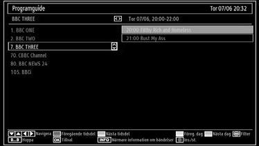 Grön knapp: Programschema listas Gul knapp: Visa EPG-data i enlighet med tidsföljdsbaserat schema Blå knapp (Filter): Visar filtreringsalternativ.