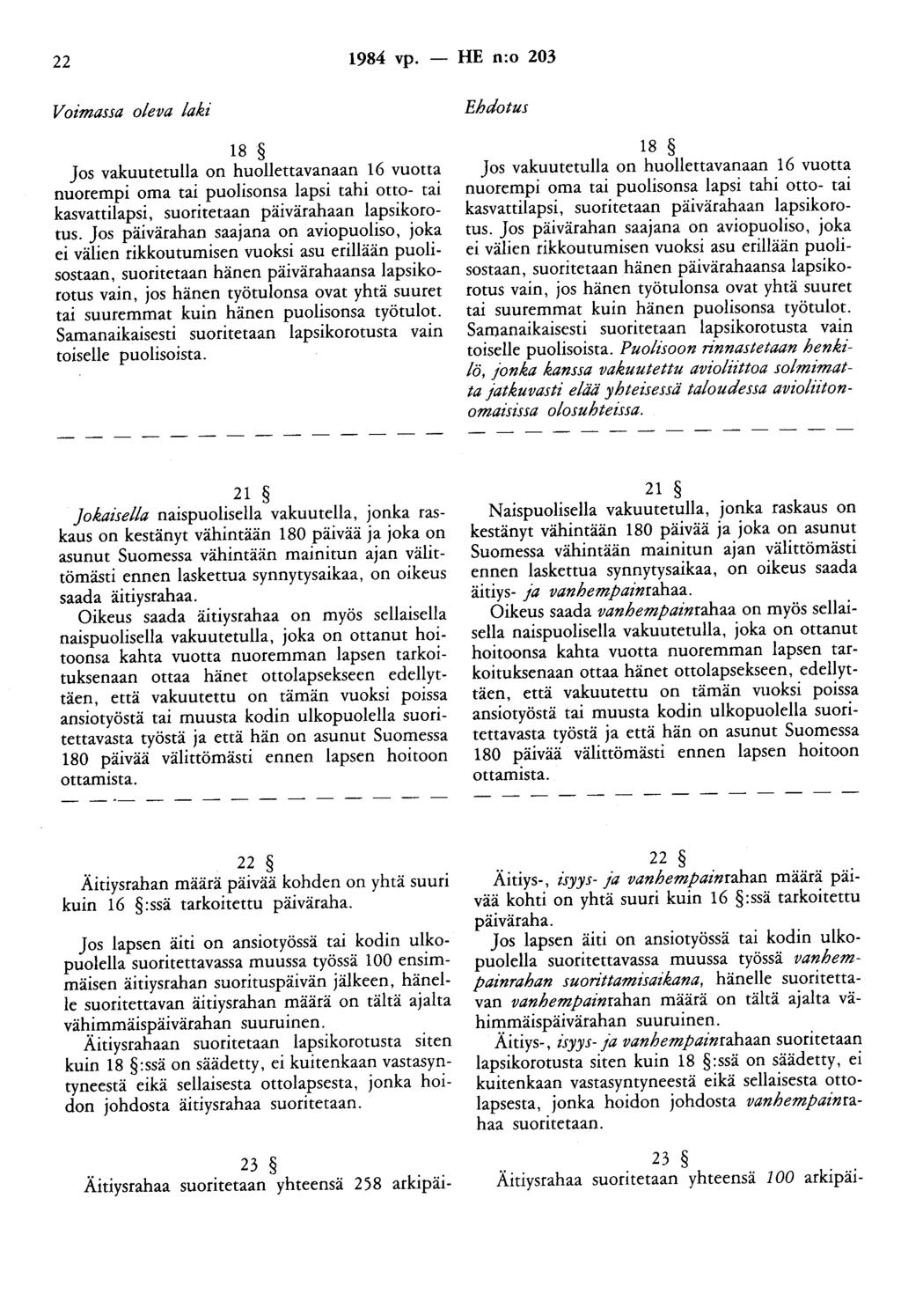 22 1984 vp. -- fie n:o 203 Voimassa oleva laki 18 Jos vakuutetulla on huollettavanaan 16 vuotta nuorempi oma tai puolisonsa lapsi tahi otto- tai kasvattilapsi, suoritetaan päivärahaan lapsikorotus.