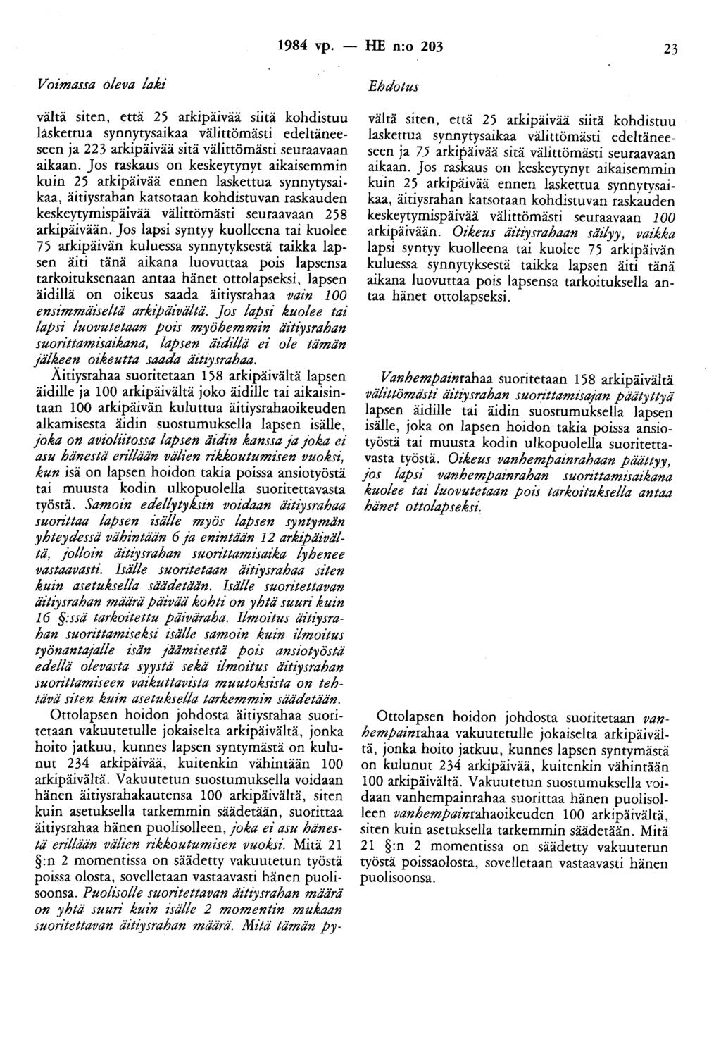 1984 vp. - HE n:o 203 23 Voimassa oleva laki vältä siten, että 25 arkipäivää siitä kohdistuu laskettua synnytysaikaa välittömästi edeltäneeseen ja 223 arkipäivää sitä välittömästi seuraavaan aikaan.