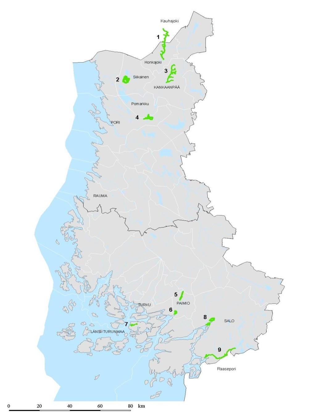 Satakunta 1) Karvianjoen kosket (80 ha, Honkajoki ja Kauhajoki) 2) Niemijärvi-Itäjärvi (738 ha, Siikainen) 3) Pukanluoma (25 ha, Kankaanpää) 4) Inhottujärvi (604 ha, Pori ja Pomarkku) Varsinais-Suomi
