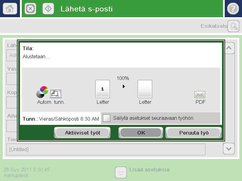 8. Lähetä koskettamalla Aloitus -painiketta. HUOMAUTUS: Laite voi pyytää sinua antamaan osoitekirjan sähköpostiosoitteen.