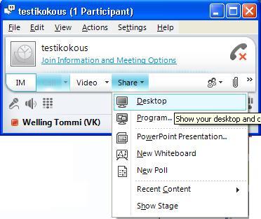 VYVI MEETING Lync Attendee 2010 Instruction 11 (15) Clicking Share button opens tab where sharing options can be found.