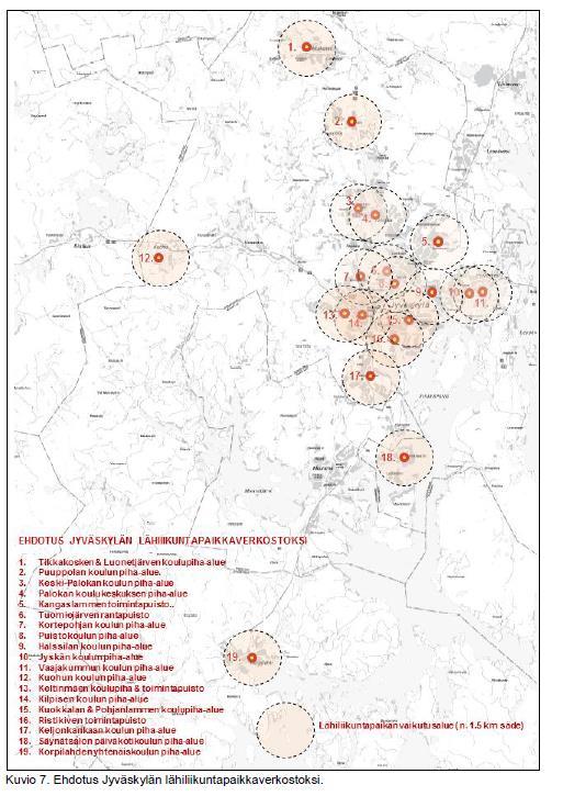 Lähiliikuntapaikkojen kuntakohtainen kartoitus ja kehittämissuunnitelma Case Jyväskylä Kehittämisehdotukset.. 1. Vaikutusalueisiin pohjautuva tarkastelutapa kohdesijoitteluihin (19 llp kohdetta) 2.