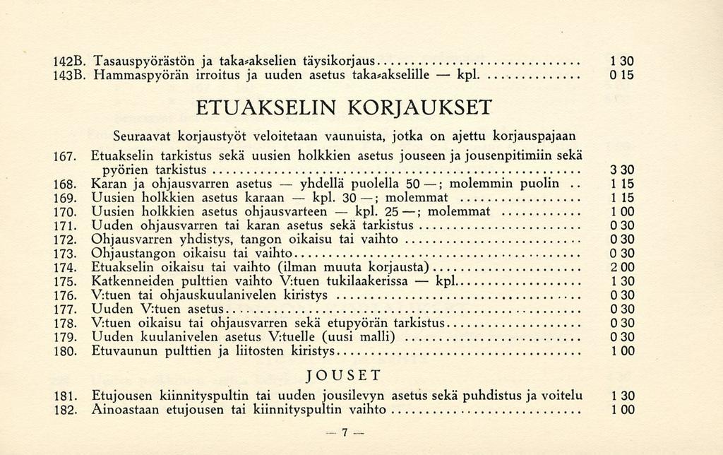 yhdellä kpl. 7 kpl. kpl kpl 1428. Tasauspyörästön ja taka*akselien täysikorjaus 1 30 1438.