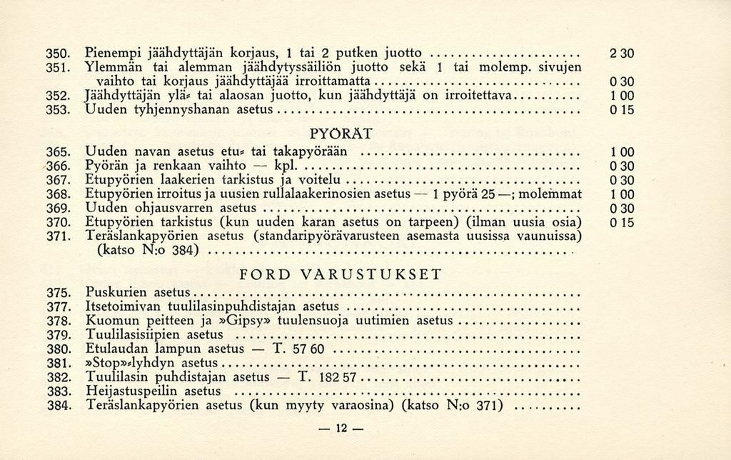 kpl T. T. 1 350. Pienempi jäähdyttäjän korjaus, 1 tai 2 putken juotto 230 351. Ylemmän tai alemman jäähdytyssäiliön juotto sekä 1 tai molemp.