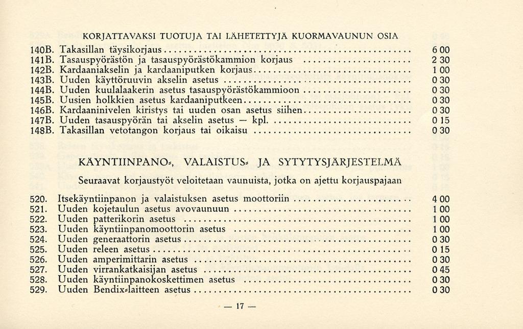 kpl KORJATTAVAKSI TUOTUJA TAI LÄHETETTYJÄ KUORMA VAUNUN OSIA 1408. Takasillan täysikorjaus 6 00 1418. Tasauspyörästön ja tasauspyörästökammion korjaus 2 30 1428.